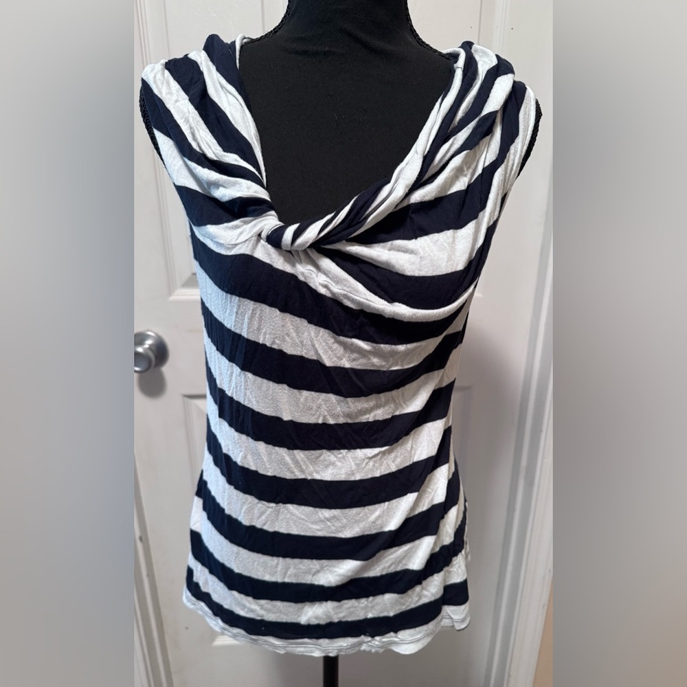 MM Couture Navy and White Striped Cowl Neck Blouse